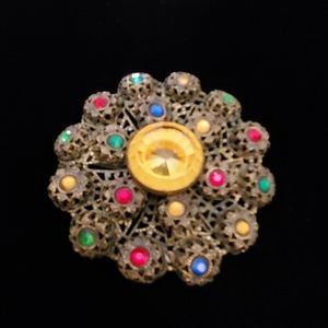 Vintage Fillagree Brass Rhinestone Brooch